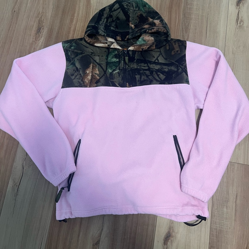 Pink Fleece Pullover Hoodie with Camo Yoke